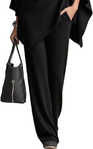 Women's 2 Piece Outfits Turtleneck Shawl Batwing Knitting Tops Cape Poncho Top and Wide Leg Pants Elegant Drape in Saudi Arabia