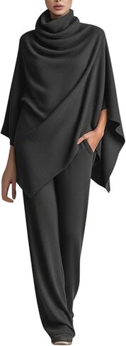 Women's 2 Piece Outfits Turtleneck Shawl Batwing Knitting Tops Cape Poncho Top and Wide Leg Pants Elegant Drape in Saudi Arabia