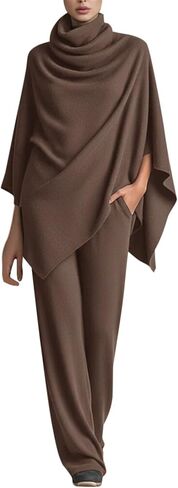 Women's 2 Piece Outfits Turtleneck Shawl Batwing Knitting Tops Cape Poncho Top and Wide Leg Pants Elegant Drape in Saudi Arabia