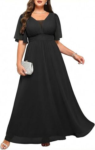 Plus Size Formal Dresses - V Neck Flutter Sleeves Evening Gowns Bridesmaid Wedding Guest Chiffon Long Maxi Dress in Saudi Arabia