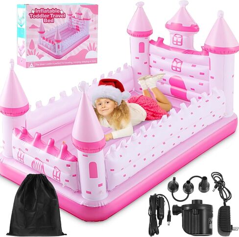 Pink Castle Inflatable Kids Bed, Toddler Travel Bed with Safety Bumper and Air Mattress Portable Air Mattress with Pump for Vacation Hotel Home Sleepover Kids Gift for Birthday Christmas in Saudi Arabia