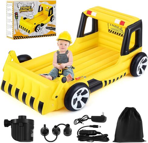Inflatable Kids Travel Bed with Air Pump,Yellow Excavator | Excavator Theme, Safety Bumper, Air Mattress Feel, Includes Air Pump, Portable Storage Bag, Hotel & Sleepovers, Birthday Gift in Saudi Arabia
