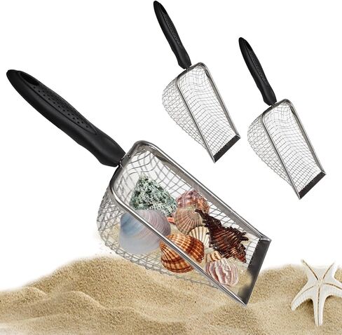 مجرفة شبكية للشاطئ من الفولاذ المقاوم للصدأ، منخل أسنان سمك القرش المعدني، مقبض أسود، مغرفة رمل الزواحف، أداة جمع صدفة الشاطئ لغربلة التقاط فضلات القطط من المخلوقات البحرية in Kuwait