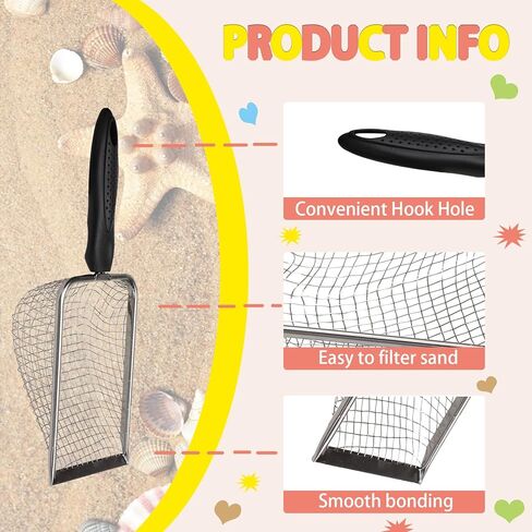 مجرفة شبكية للشاطئ من الفولاذ المقاوم للصدأ، منخل أسنان سمك القرش المعدني، مقبض أسود، مغرفة رمل الزواحف، أداة جمع صدفة الشاطئ لغربلة التقاط فضلات القطط من المخلوقات البحرية in Kuwait