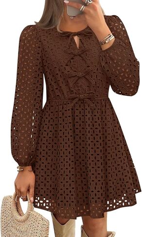 ZESICA Women's Long Sleeve Mini Dress 2025 Fall Crewneck Tie Front Hollow Out Eyelet Babydoll A Line Short Dresses in Saudi Arabia