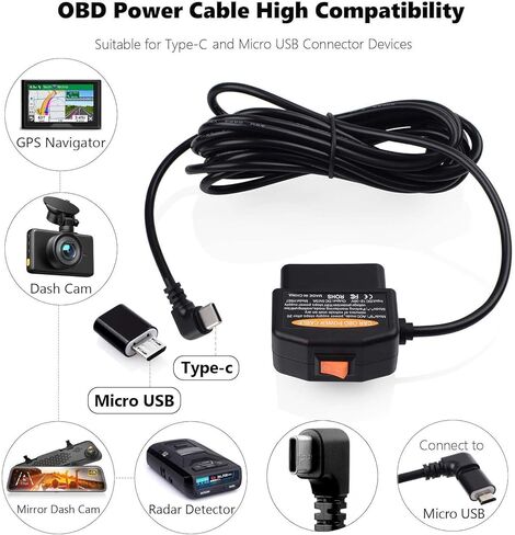 كابل طاقة obd2 obd لكاميرا داش obdii إلى usb c كابل شاحن سلكي للمراقبة على مدار 24 ساعة/وضع Acc مع حماية الجهد المنخفض 12.8-36 فولت إلى 5 فولت 3 أمبير (11.5 قدم/3.5 متر) in Saudi Arabia
