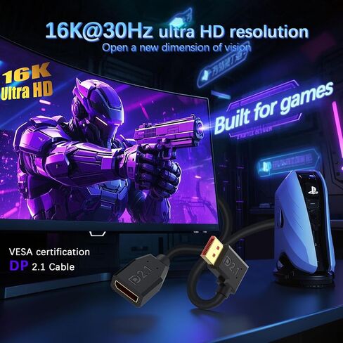 Duttek 16K 40 جيجابت في الثانية كابل DisplayPort 2.1 بزاوية يمنى 6 بوصة/15 سم، كابل تمديد DP قصير مطلي بالذهب إلى DisplayPort لـ 8K/120 هرتز، شاشة 4K/240 هرتز، MacBook Pro، PS5 in Kuwait