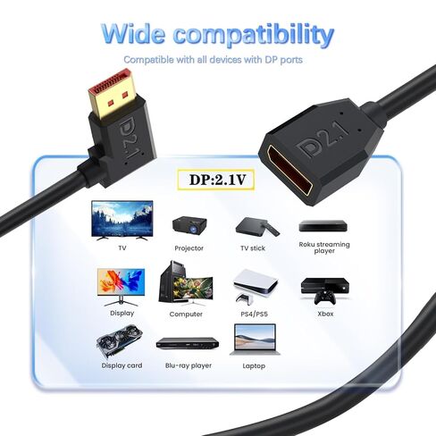 Duttek 16K 40 جيجابت في الثانية كابل DisplayPort 2.1 بزاوية يمنى 6 بوصة/15 سم، كابل تمديد DP قصير مطلي بالذهب إلى DisplayPort لـ 8K/120 هرتز، شاشة 4K/240 هرتز، MacBook Pro، PS5 in Kuwait