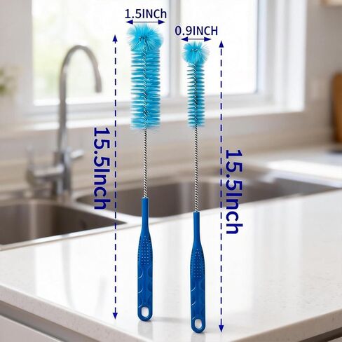 15.5 Inch Long Bottle Brush with 360° Rotating Head - Soft Bristles for Washing Glass, Narrow Neck Bottles, Wine Bottles, Vase, Hummingbird Feeder, Dishwasher Hose & Aquarium Tube, 2 Pack in Kuwait