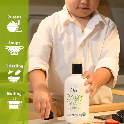 Olive Oil for Baby Food - Olizzi Baby Organic Extra Virgin Olive Oil, Cold Pressed, USDA Organic, Kosher, Delicious, Smooth, Award Winning, Polyphenol Rich, 16.9 FL OZ (500 ML) in Saudi Arabia