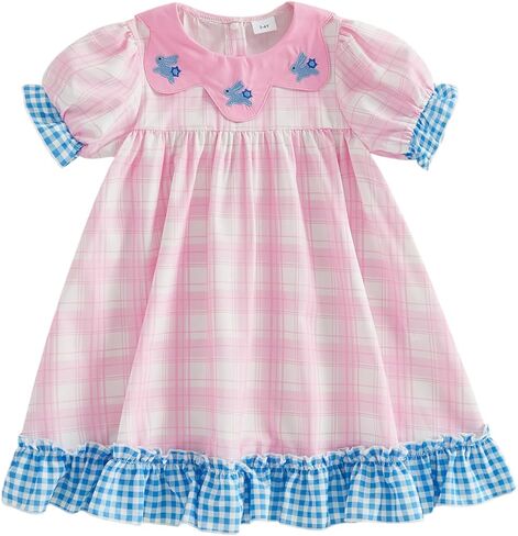 Toddler Baby Girl Easter Outfit Infant Summer Peter Pan Collar Puff Sleeve Ruffled Bunny/Carrots Embroidery Dress in Saudi Arabia