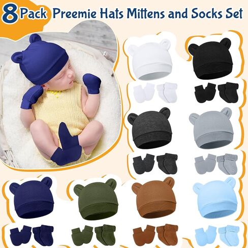 Geyoga 8 Pack Preemie Hats Mittens and Socks Set Cotton No Scratch Mittens Warm Caps Terry Socks for Preemie Baby Nicu Gifts in Saudi Arabia