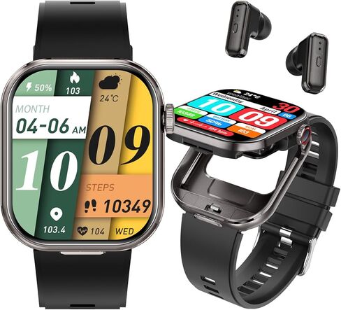 ساعة ZJX الذكية مع سماعات أذن، ساعة رياضية 2 في 1 مع عداد الخطى، ساعة لياقة متينة مقاس 2.02 بوصة، السعرات الحرارية، مراقب النوم، مراقب معدل ضربات القلب، أكثر من 100 وضع للتمرين لنظامي التشغيل iOS وAndroid in Kuwait