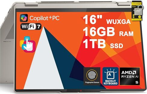 Lenovo Yoga 7 2 في 1 كمبيوتر محمول 16 بوصة WUXGA IPS Touch (لامع مضاد لبصمات الأصابع) AMD 8-core Ryzen AI 5 340 (ما يصل إلى 50 AI TOPS) 16 جيجابايت ذاكرة الوصول العشوائي 512 جيجابايت SSD لـ Creator Business Professional Win11Pro ICP Hub Copilot+ AI in Kuwait