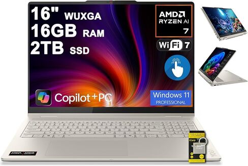 Lenovo Yoga 7 2-in-1 Laptop 16" WUXGA IPS Touch (Glossy Anti-fingerprint) AMD 8-core Ryzen AI 7 350 (Up to 50 AI TOPS) 16GB RAM 1TB SSD For Creator Business Professional Win11Pro ICP Hub w/Copilot+ AI in Saudi Arabia