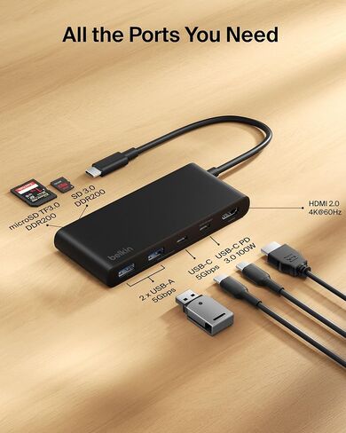 Belkin USB C Hub, 7-Port Hub w/ 4K HDMI Display @ 60Hz, SD & MicroSD, 100W Power Delivery, Fast Data Transfer 5Gbps, USB C Multiport Adapter for MacBook, iPad Pro, Chromebook, etc. - Upgraded HDMI 2.0 in Saudi Arabia