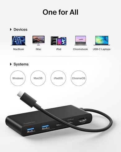 Belkin USB C Hub, 7-Port Hub w/ 4K HDMI Display @ 60Hz, SD & MicroSD, 100W Power Delivery, Fast Data Transfer 5Gbps, USB C Multiport Adapter for MacBook, iPad Pro, Chromebook, etc. - Upgraded HDMI 2.0 in Saudi Arabia