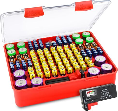 140 Slot Multi Battery Storage Box, Battery Storage Case, Battery Holder with Tester, Stores: 56 AA and 52 AAA Batteries, 8 C Batteries, 6 D Batteries, 6 9V Batteries, and 12 Button Batteries (White) in Saudi Arabia