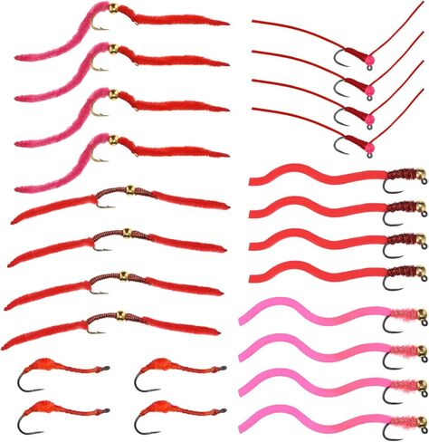 Soulchen 24 Pcs San Juan Worm Trout Fly Fishing Assortment Tungsten Bead Squirmy Wormy Fly 24 Red Pink Steelhead Flies for Hook Size 12, 14, 16 Trout Bass Steelhead Salmon Freshwater Fish in Saudi Arabia