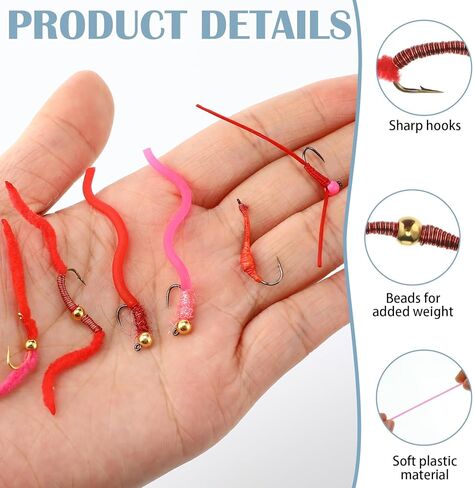 Soulchen 24 Pcs San Juan Worm Trout Fly Fishing Assortment Tungsten Bead Squirmy Wormy Fly 24 Red Pink Steelhead Flies for Hook Size 12, 14, 16 Trout Bass Steelhead Salmon Freshwater Fish in Saudi Arabia