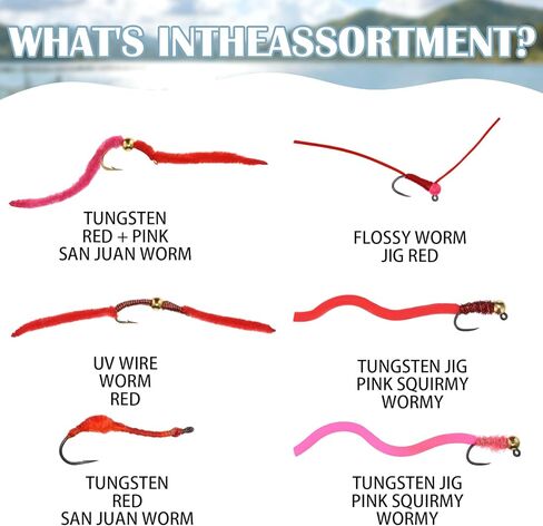 Soulchen 24 Pcs San Juan Worm Trout Fly Fishing Assortment Tungsten Bead Squirmy Wormy Fly 24 Red Pink Steelhead Flies for Hook Size 12, 14, 16 Trout Bass Steelhead Salmon Freshwater Fish in Saudi Arabia