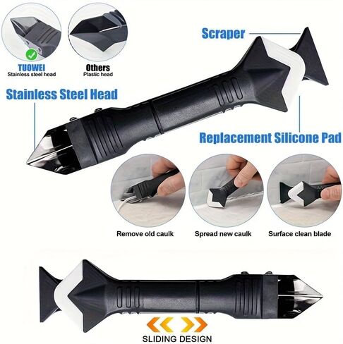 1Set Silicone Caulking Tool with Stainless Steel Head 3 in 1 Sealant Scraper Smoother and Cleaner for Bathtub Window Tile Shower Grout, Black in Saudi Arabia