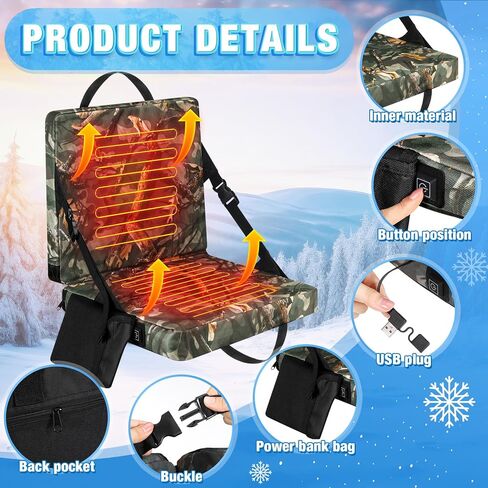 2 Pcs Foldable Heated Hunting Seat Cushion Portable Heated Stadium Bleachers Seat USB Powered 3 Mode Adjustable Pad with Pocket, Thick Seats for Hunting Outdoor Indoor(Classic, Camouflage) in Saudi Arabia