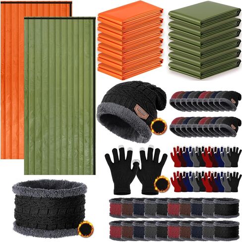 Tranqun 40 80 pcs Emergency Sleeping Bags Bulk with Winter Hat Gloves Scarf, Survival Sleeping Bag Bivy Sack Waterproof Lightweight Thermal Blanket Gear for Camping Hiking Outdoors Homeless in Saudi Arabia