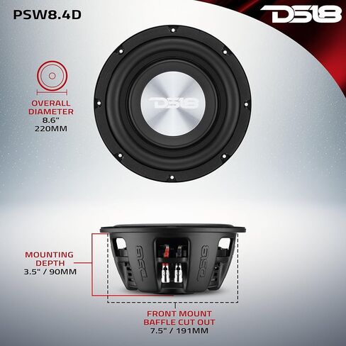 DS18 PSW8.4D مضخم صوت ضحل 8 بوصات 400 وات RMS 800 وات كحد أقصى مزدوج 4 أوم DVC مقاوم للماء مضخم صوت منخفض للسيارة للشاحنات أسفل المقعد والمرفقات المدمجة in Kuwait