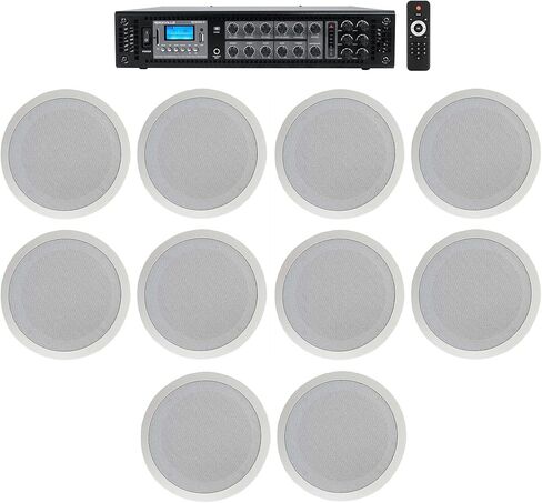 Rockville CC80T Bundle: (10) White 8" 2-Way Commercial 70V Ceiling Speakers for Hotel, RCS180-6 180 Watt 6 Zone Bluetooth Amplifier, 11-Items in Saudi Arabia