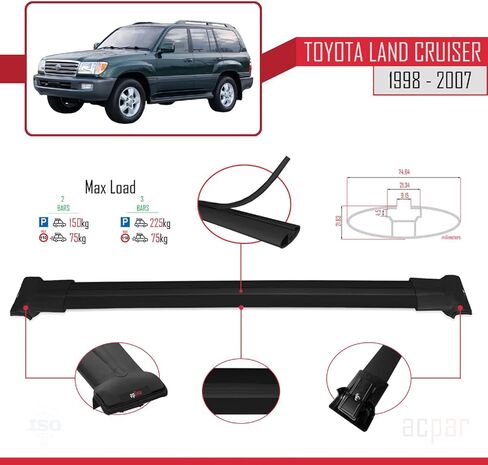 متوافق مع تويوتا لاند كروزر 1998-2007 Fly Model Car Roof Rack Cross Bar أسود ألومنيوم 2 بار in Saudi Arabia
