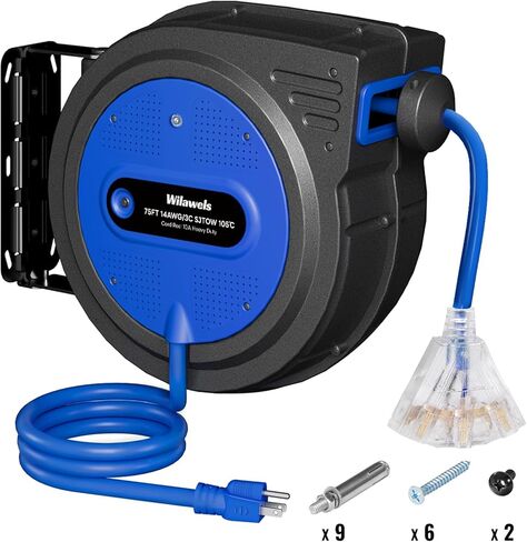 75 FT Retractable Extension Cord Reel, Heavy Duty Extension Cord, 14AWG/3C SJTOW, 3 Grounded Outlets Lighted Triple Tap, 10A Circuit Breaker, Wall/Ceiling Mounted, ETL Listed, Blue U75ACR06 in Saudi Arabia