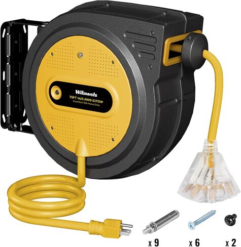 75 FT Retractable Extension Cord Reel, Heavy Duty Extension Cord, 14AWG/3C SJTOW, 3 Grounded Outlets Lighted Triple Tap, 10A Circuit Breaker, Wall/Ceiling Mounted, ETL Listed, Blue U75ACR06 in Saudi Arabia
