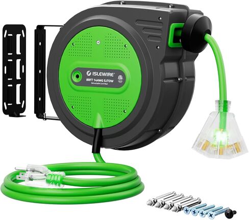 بكرة سلك تمديد قابلة للسحب بطول 80 قدمًا، سلك طاقة عالي التحمل 14 AWG/3C SJTOW مع مخرج ثلاثي مضاء، قاطع دائرة 13 أمبير، بكرة سلك قابلة للسحب على الحائط/السقف دوارة 180 درجة، مدرجة في قائمة ETL، أزرق in Saudi Arabia