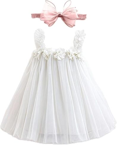 Baby Girls Birthday Tutu Dress Flower Girl Dresses for Toddler Sleeveless Tulle Outfits with Ruffled Strap in Kuwait