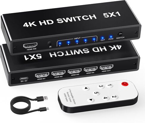 HDMI Switcher 5 in 1 Out - 8K@60Hz 4K@120Hz/60Hz/30Hz/2K/1080P 5 Port HDMI 2.1 Switch Box with Remote Support HDCP2.3/HDR10, for PS5/4 Xbox Nintendo Switch Roku Apple TV Fire Stick 8K HDMI2.1 Splitter in Saudi Arabia