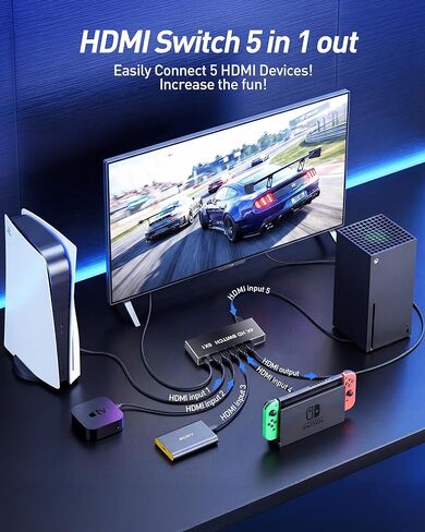 HDMI Switcher 5 in 1 Out - 8K@60Hz 4K@120Hz/60Hz/30Hz/2K/1080P 5 Port HDMI 2.1 Switch Box with Remote Support HDCP2.3/HDR10, for PS5/4 Xbox Nintendo Switch Roku Apple TV Fire Stick 8K HDMI2.1 Splitter in Saudi Arabia
