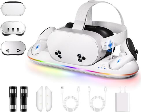 Charging Dock for Meta Quest 3/3S- Fast Charging Station Compatible with Oculus Quest 2/3/3S-VR Charging Accessories with RGB Light- Magnetic Charging Stand for Controller- 2 Rechargeable Batteries in Saudi Arabia