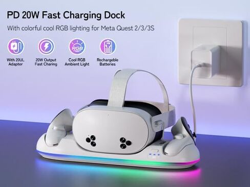 Charging Dock for Meta Quest 3/3S- Fast Charging Station Compatible with Oculus Quest 2/3/3S-VR Charging Accessories with RGB Light- Magnetic Charging Stand for Controller- 2 Rechargeable Batteries in Saudi Arabia