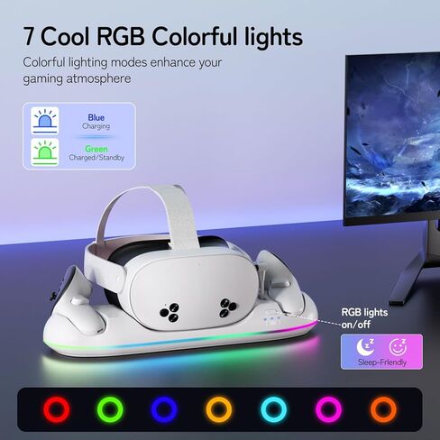 Charging Dock for Meta Quest 3/3S- Fast Charging Station Compatible with Oculus Quest 2/3/3S-VR Charging Accessories with RGB Light- Magnetic Charging Stand for Controller- 2 Rechargeable Batteries in Saudi Arabia