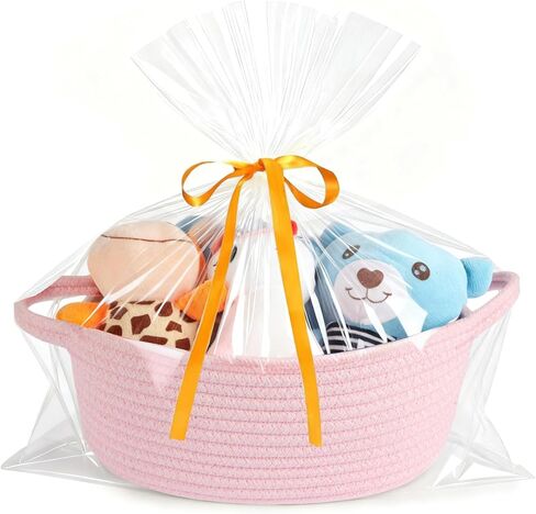 Small gift Basket with Bag and Ribbon Included,Cotton Rope Woven Storage Basket, Pink, Organic Cotton, 12x8x5 Inches, with Handles,Cute Baby Toy Basket in Saudi Arabia