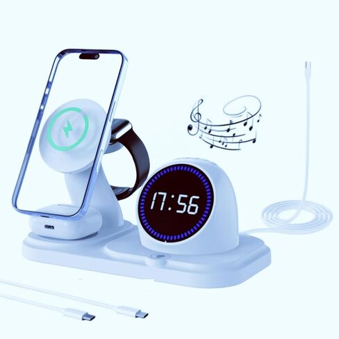 6 in 1Charger Stand Holder Wireless Charging Station with Clock & Color Ambient Light, Compatible with iPhone 17/16/15/14/13/12, Apple Watch and AirPods Multiple Devices, Comes with Speakers (White in Saudi Arabia