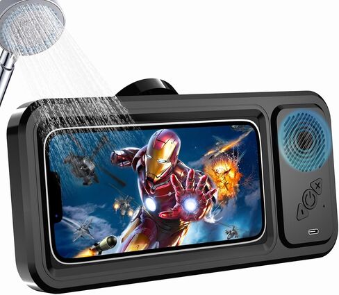 حامل هاتف للاستحمام مع مكبر صوت بلوتوث لاسلكي، مقاوم للماء بزاوية 480 درجة وقابل للدوران وحامل للهاتف وحامل مكبرات صوت لجدار الحمام ميرو للهواتف المحمولة مقاس 4 بوصة - 6.8 بوصة (أسود) in Kuwait