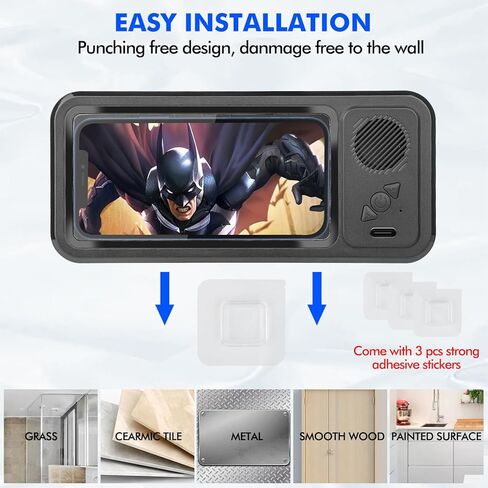 حامل هاتف للاستحمام مع مكبر صوت بلوتوث لاسلكي، مقاوم للماء بزاوية 480 درجة وقابل للدوران وحامل للهاتف وحامل مكبرات صوت لجدار الحمام ميرو للهواتف المحمولة مقاس 4 بوصة - 6.8 بوصة (أسود) in Kuwait