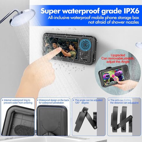 حامل هاتف للاستحمام مع مكبر صوت بلوتوث لاسلكي، مقاوم للماء بزاوية 480 درجة وقابل للدوران وحامل للهاتف وحامل مكبرات صوت لجدار الحمام ميرو للهواتف المحمولة مقاس 4 بوصة - 6.8 بوصة (أسود) in Kuwait