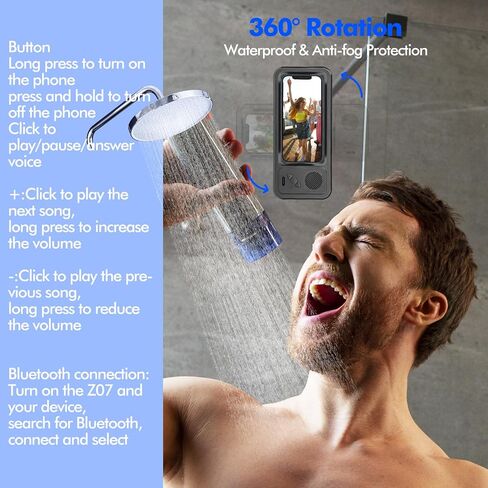 حامل هاتف للاستحمام مع مكبر صوت بلوتوث لاسلكي، مقاوم للماء بزاوية 480 درجة وقابل للدوران وحامل للهاتف وحامل مكبرات صوت لجدار الحمام ميرو للهواتف المحمولة مقاس 4 بوصة - 6.8 بوصة (أسود) in Kuwait