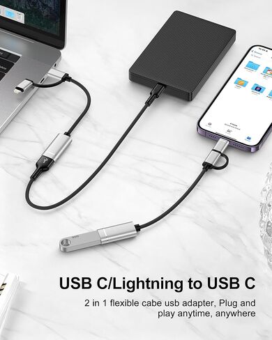 محول USB C/Lightning إلى USB 3.0 2 في 1، كابل محول USB إلى USB C OTG، محول Lightning OTG عالي السرعة لنقل البيانات بسرعة 5 جيجابت في الثانية متوافق مع iPhone 17/16/15/14/13/12/11 Pro، وGalaxy S25/S24/S23/S22 in Kuwait