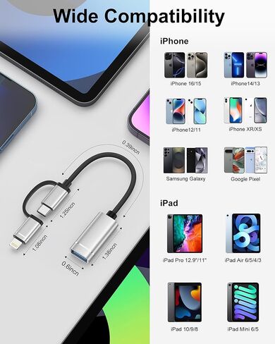 محول USB C/Lightning إلى USB 3.0 2 في 1، كابل محول USB إلى USB C OTG، محول Lightning OTG عالي السرعة لنقل البيانات بسرعة 5 جيجابت في الثانية متوافق مع iPhone 17/16/15/14/13/12/11 Pro، وGalaxy S25/S24/S23/S22 in Kuwait