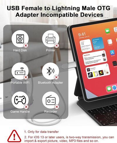 محول Lightning ذكر إلى USB أنثى، محول USB إلى iPhone OTG Dongle، 2 حزمة محول كاميرا USB3.0 كابل OTG لهاتف iPhone 14/13/12/11/Xr/X/XS/8/7/iPad للكاميرا/قارئ البطاقات/محرك الفلاش/الماوس/لوحة المفاتيح in Kuwait