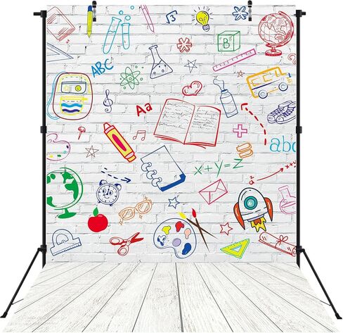 Back to School Backdrop Hand Painted Pencils Books White Brick Wall Photography Background First Day of School Banner Online Teaching Party Decorations Photoshoot Studio Props (7x5FT: 84x60 inch) in Saudi Arabia